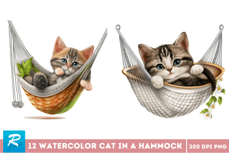 watercolor-cute-cat-in-a-hammock-clipart-bundle