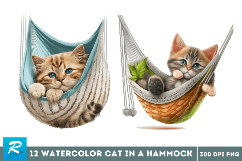 watercolor-cute-cat-in-a-hammock-clipart-bundle