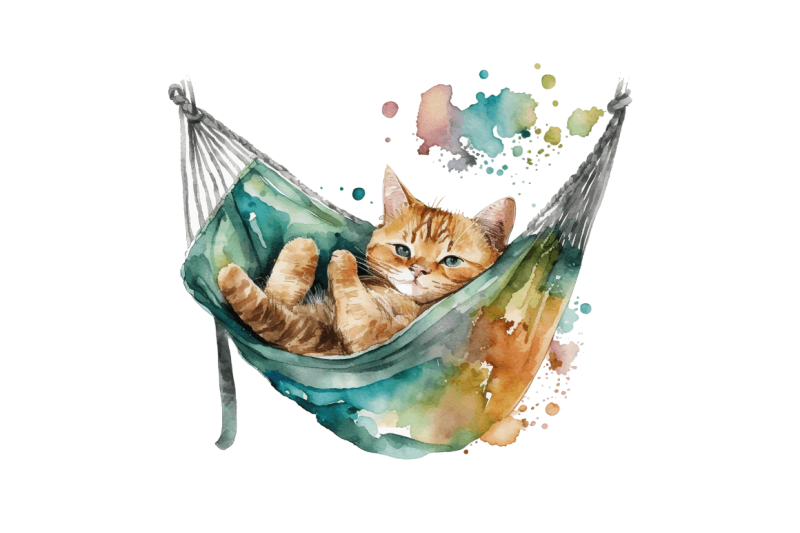 watercolor-cute-cat-in-a-hammock-clipart-bundle