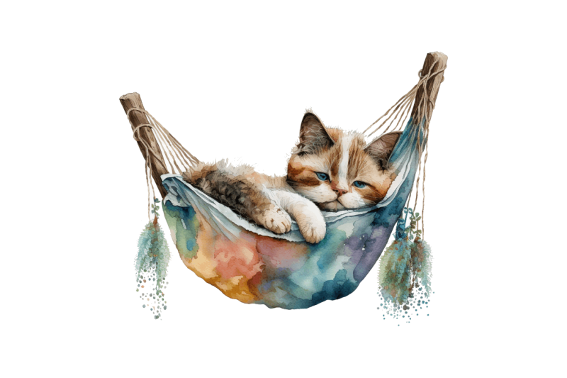 watercolor-cute-cat-in-a-hammock-clipart-bundle