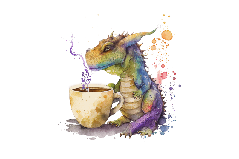 watercolor-cute-dragon-drinking-coffee-clipart-bundle