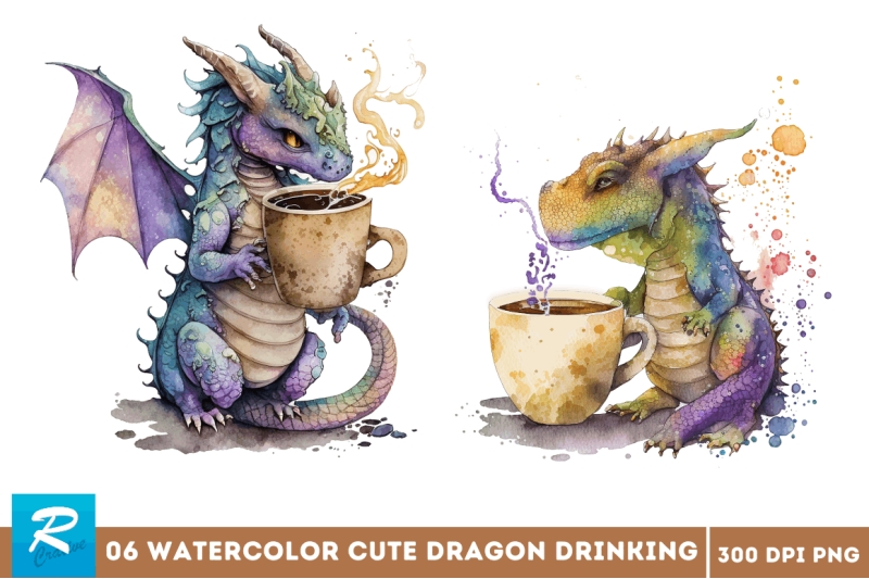 watercolor-cute-dragon-drinking-coffee-clipart-bundle