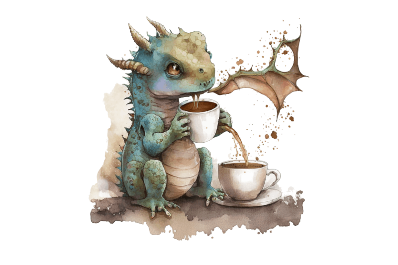 watercolor-cute-dragon-drinking-coffee-clipart-bundle