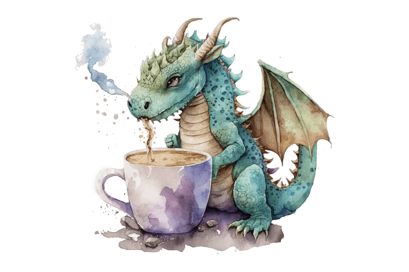 watercolor-cute-dragon-drinking-coffee-clipart-bundle