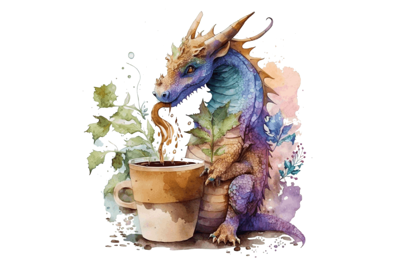 watercolor-cute-dragon-drinking-coffee-clipart-bundle