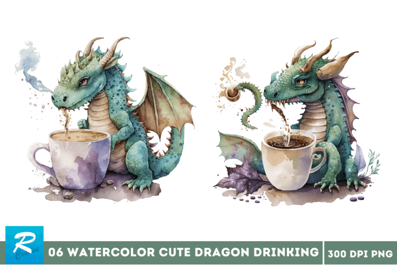 watercolor-cute-dragon-drinking-coffee-clipart-bundle