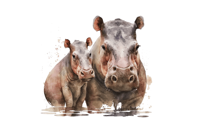 watercolor-mom-and-baby-hippopotamus-clipart-bundle