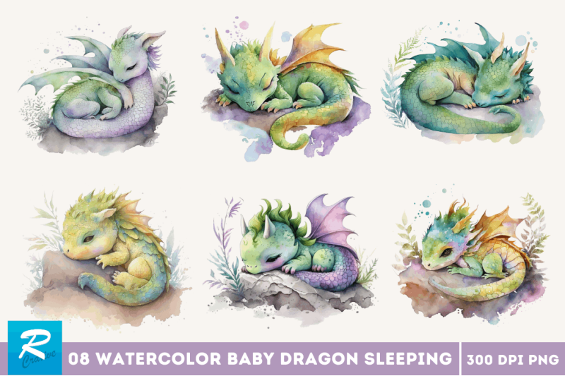 watercolor-cute-baby-dragon-sleeping-clipart-bundle