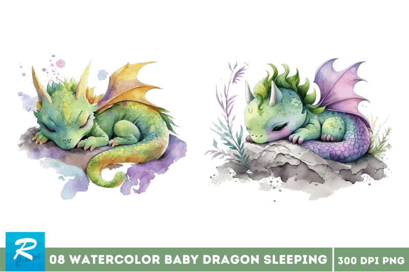 watercolor-cute-baby-dragon-sleeping-clipart-bundle