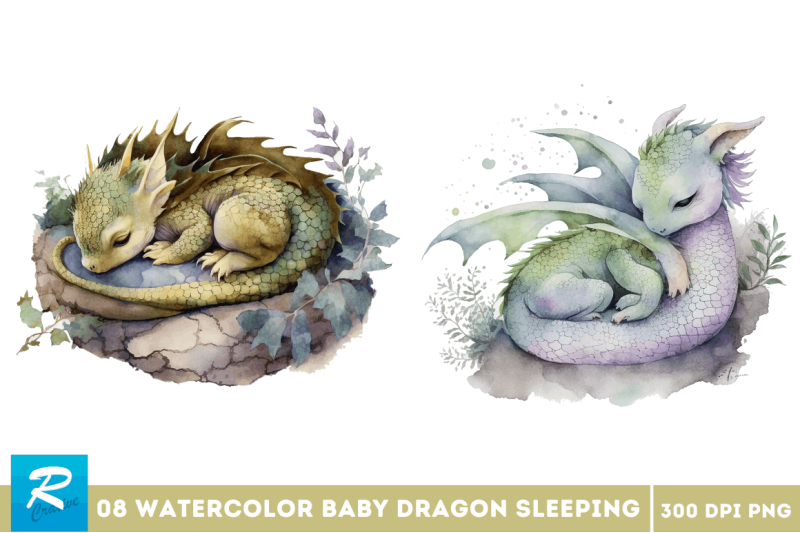 watercolor-cute-baby-dragon-sleeping-clipart-bundle