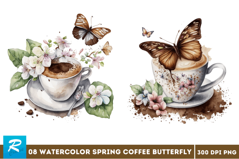 watercolor-spring-coffee-butterfly-clipart-bundle