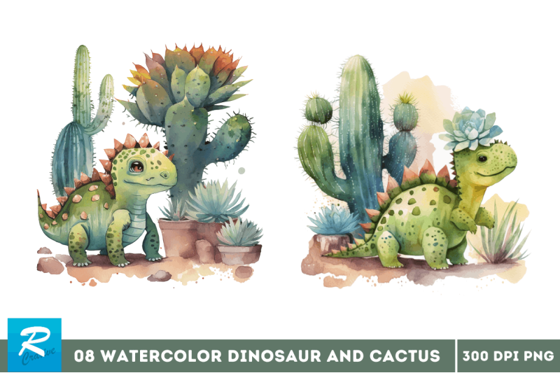 watercolor-cute-dinosaur-and-cactus-clipart-bundle