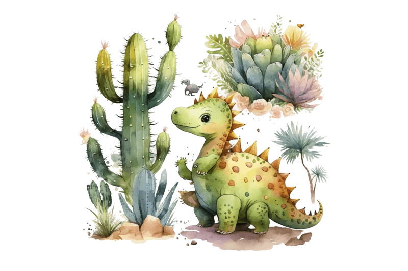 watercolor-cute-dinosaur-and-cactus-clipart-bundle