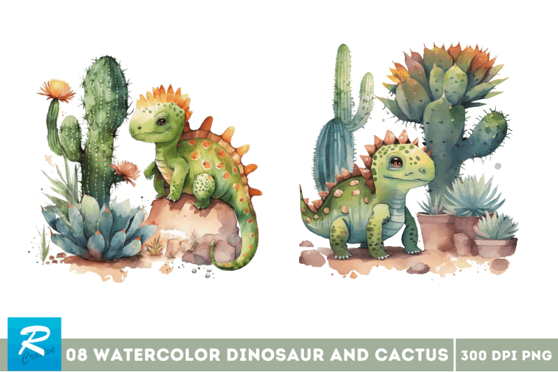 watercolor-cute-dinosaur-and-cactus-clipart-bundle