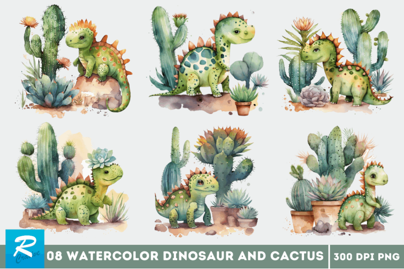 watercolor-cute-dinosaur-and-cactus-clipart-bundle