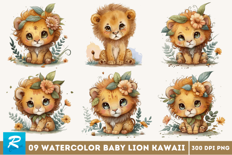 watercolor-cute-baby-lion-kawaii-cartoon-clipart-bundle