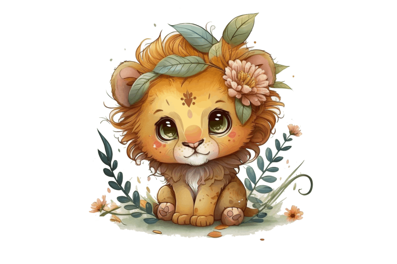 watercolor-cute-baby-lion-kawaii-cartoon-clipart-bundle