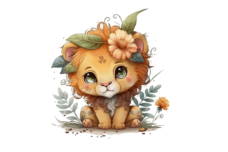 watercolor-cute-baby-lion-kawaii-cartoon-clipart-bundle