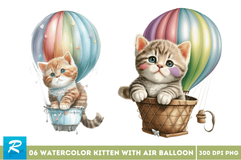 watercolor-cute-kitten-with-air-balloon-clipart-bundle