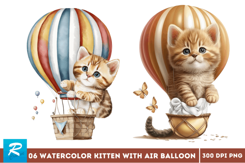 watercolor-cute-kitten-with-air-balloon-clipart-bundle