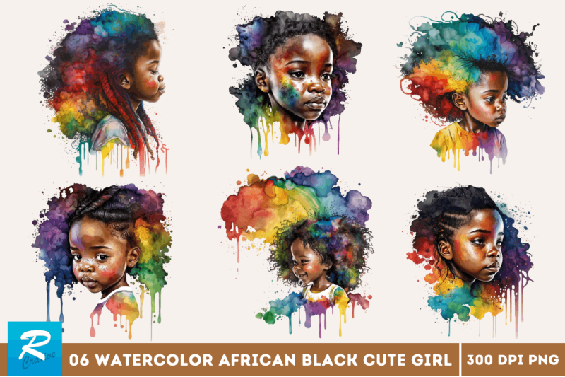 watercolor-african-black-cute-girl-rainbow-clipart-bundle