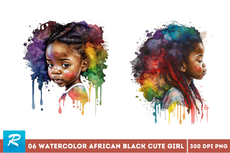 watercolor-african-black-cute-girl-rainbow-clipart-bundle