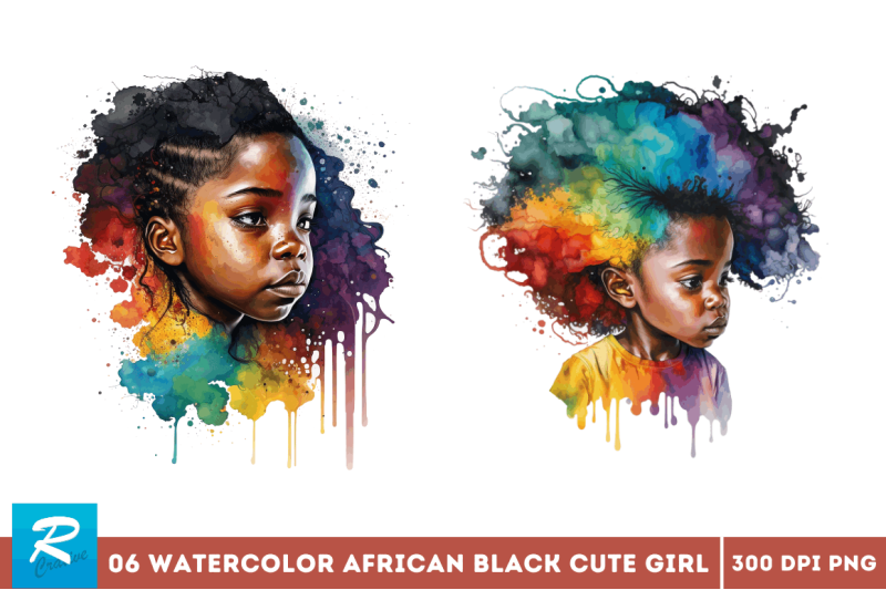 watercolor-african-black-cute-girl-rainbow-clipart-bundle