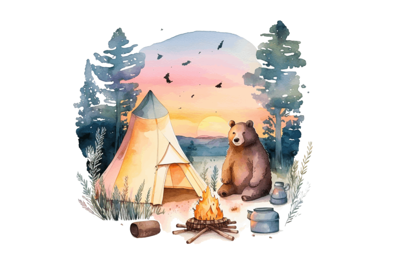 watercolor-bear-camping-at-sunset-clipart-bundle