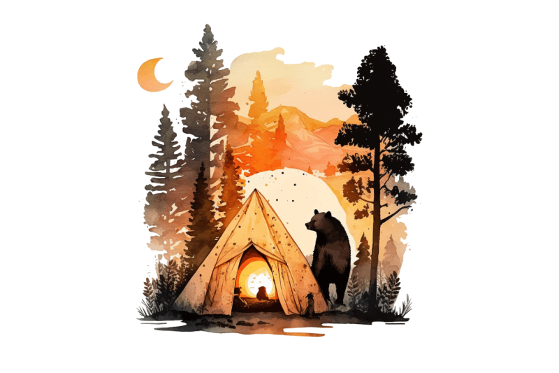 watercolor-bear-camping-at-sunset-clipart-bundle