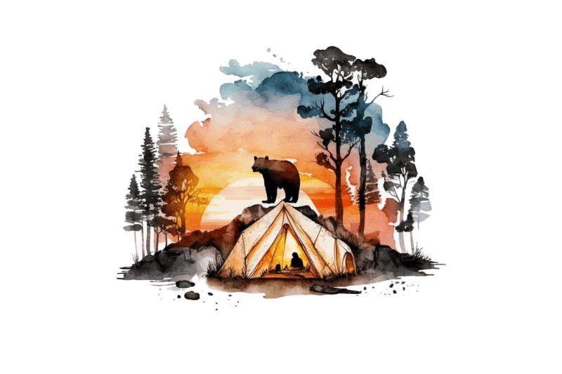 watercolor-bear-camping-at-sunset-clipart-bundle