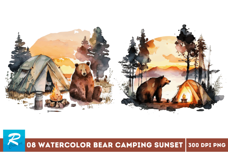 watercolor-bear-camping-at-sunset-clipart-bundle