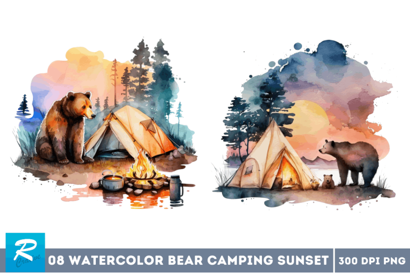 watercolor-bear-camping-at-sunset-clipart-bundle