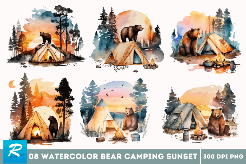 watercolor-bear-camping-at-sunset-clipart-bundle