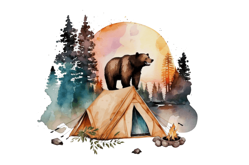 watercolor-bear-camping-at-sunset-clipart-bundle