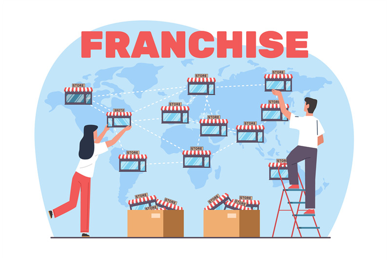 concept-of-franchise-business-man-and-woman-map-out-stores-on-huge-ma