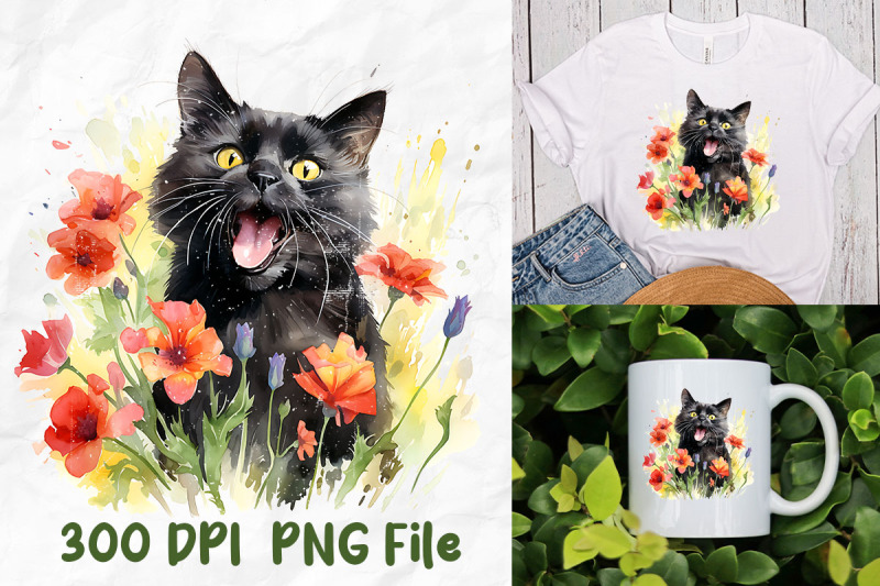 black-cat-smile-tongue-out-wild-flowers