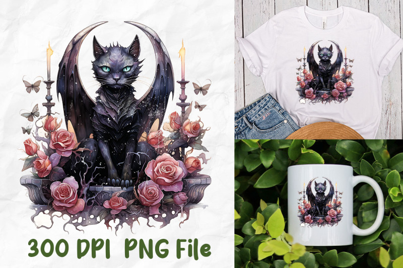 scary-black-cat-dragon-wings-roses