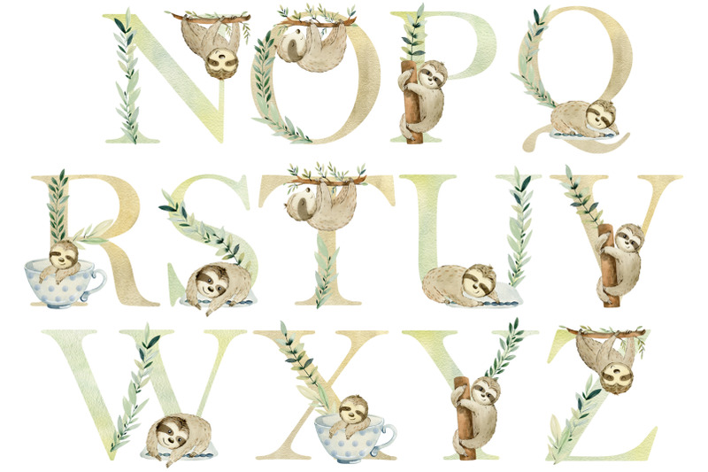 watercolor-alphabet-with-sloths