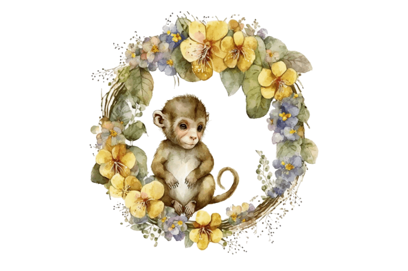 watercolor-baby-monkey-flower-wreath-clipart-bundle