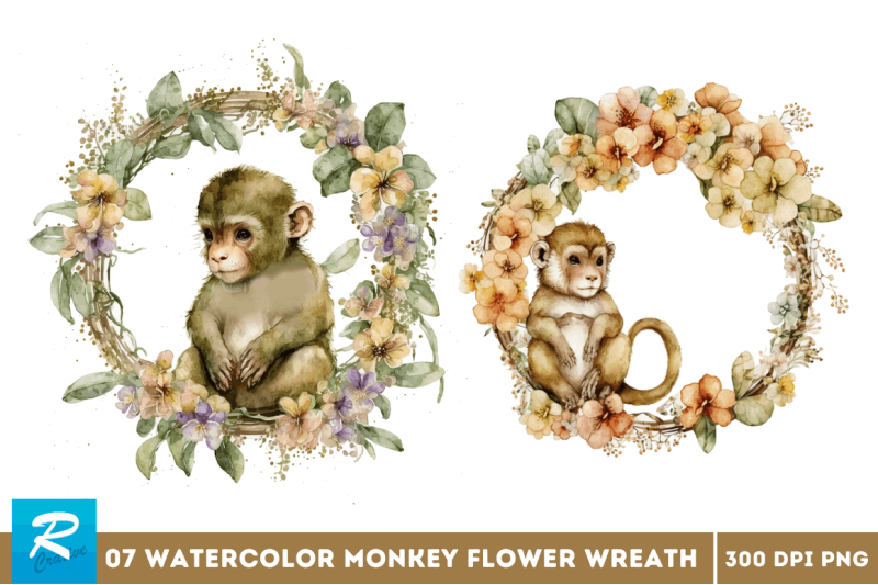 watercolor-baby-monkey-flower-wreath-clipart-bundle