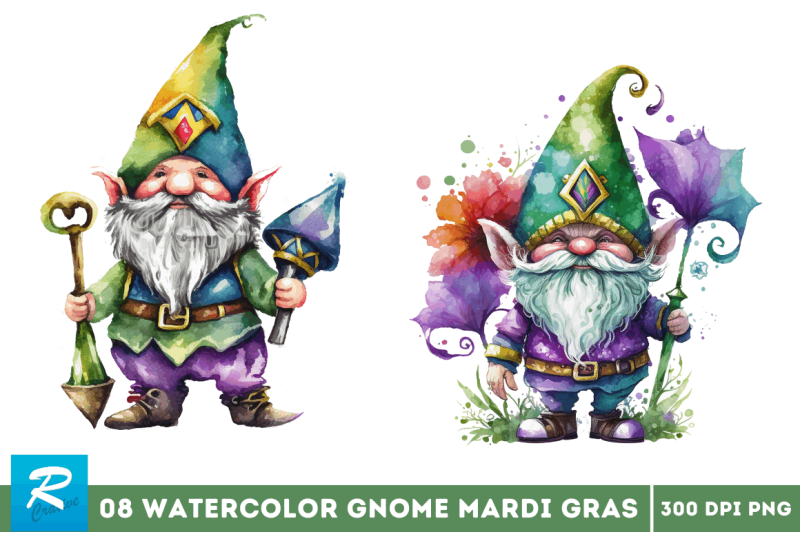 watercolor-cute-gnome-mardi-gras-clipart-bundle