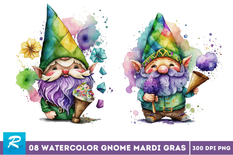 watercolor-cute-gnome-mardi-gras-clipart-bundle