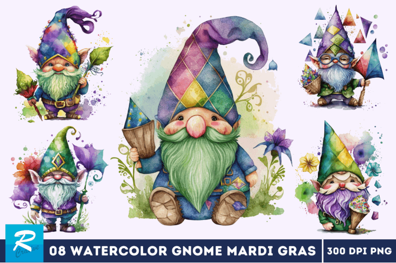 watercolor-cute-gnome-mardi-gras-clipart-bundle