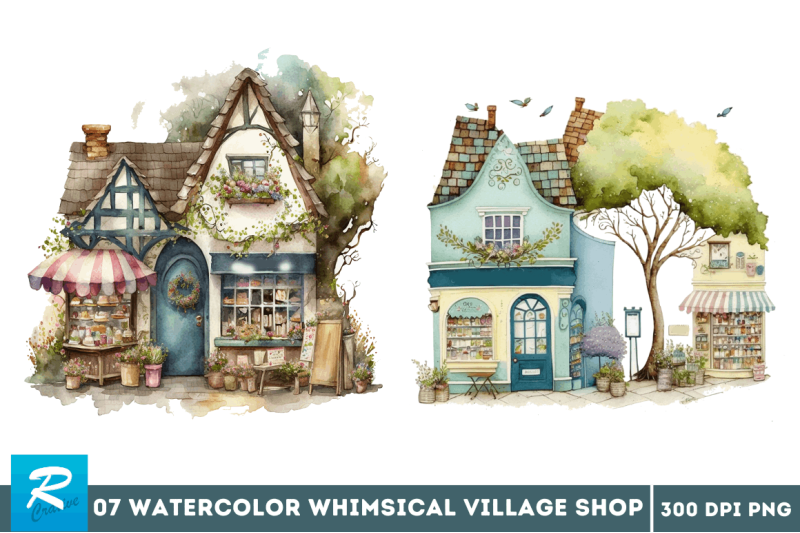 watercolor-whimsical-village-shop-clipart-bundle