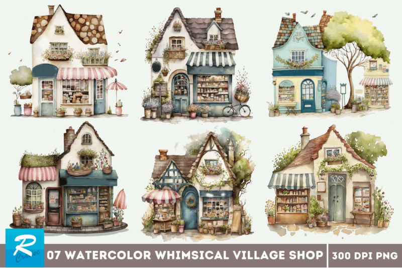watercolor-whimsical-village-shop-clipart-bundle