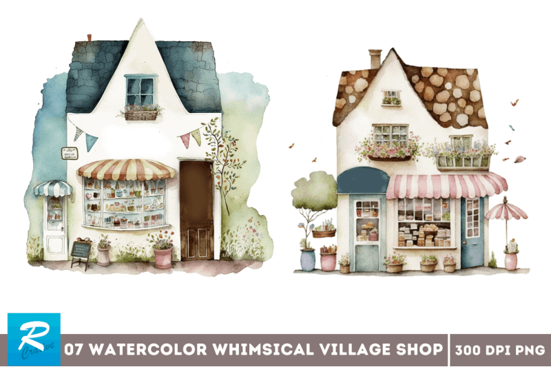 watercolor-whimsical-village-shop-clipart-bundle