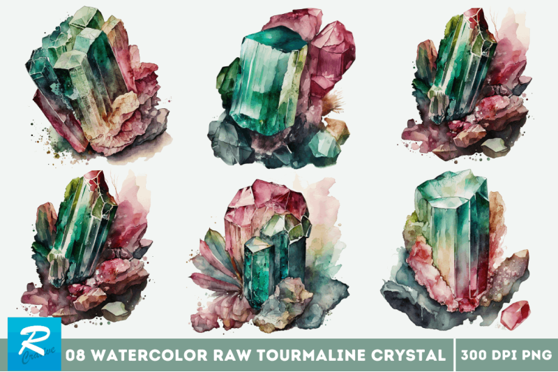 watercolor-raw-tourmaline-crystal-clipart-bundle