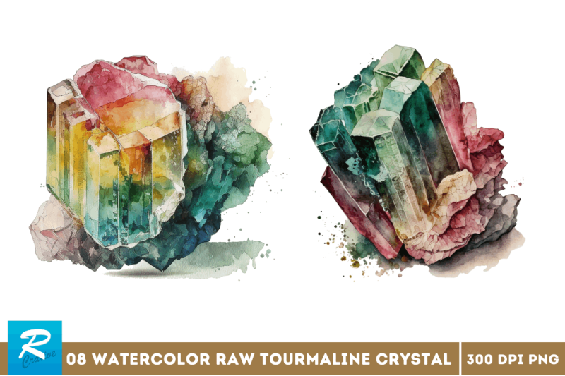 watercolor-raw-tourmaline-crystal-clipart-bundle