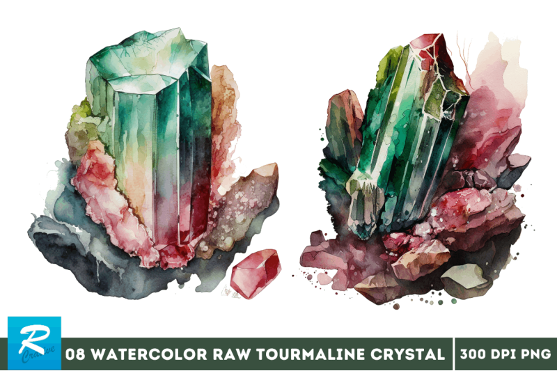 watercolor-raw-tourmaline-crystal-clipart-bundle