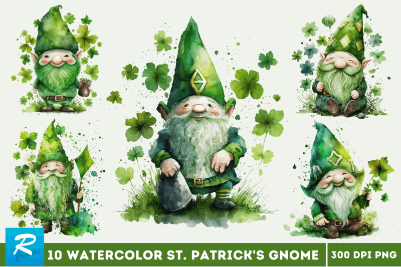 watercolor-st-patricks-happy-green-gnome-clipart-bundle